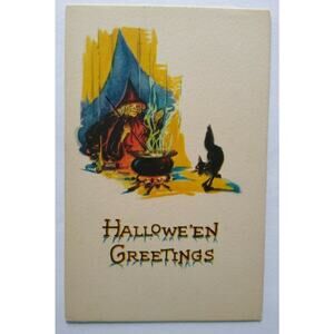 Fantasy Halloween Postcard Gibson Witch Black Cat Cauldron Unused Rare Original